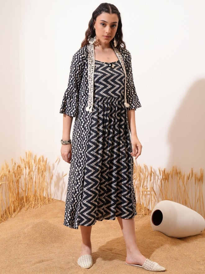Vishudh Women Black Printed A-Line Dress - Black - Image 4