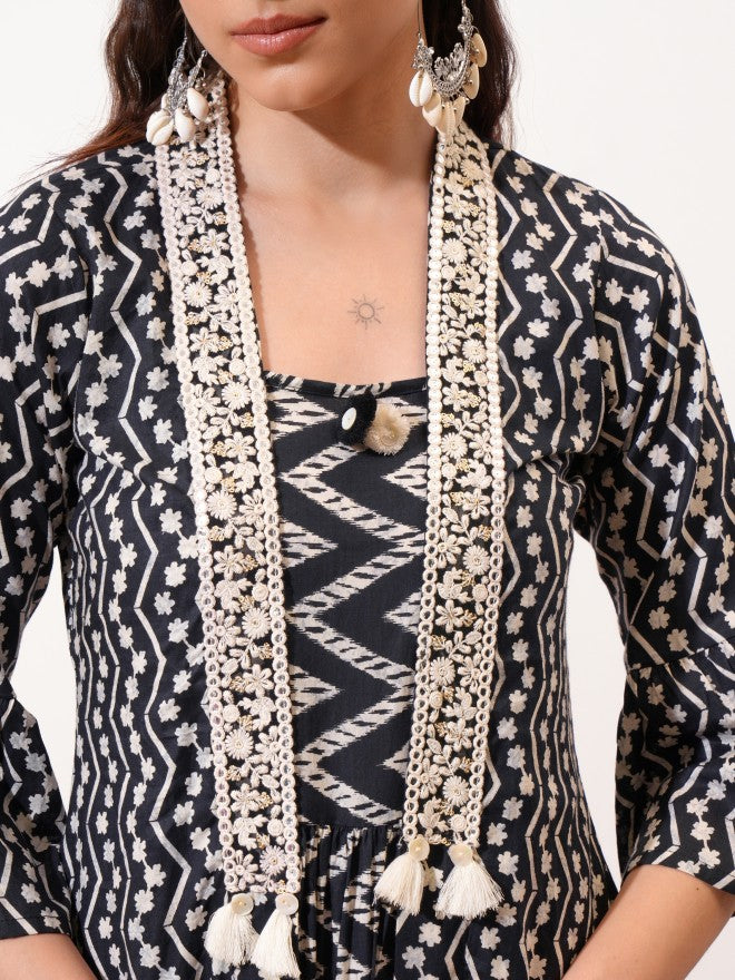Vishudh Women Black Printed A-Line Dress - Black - Image 5
