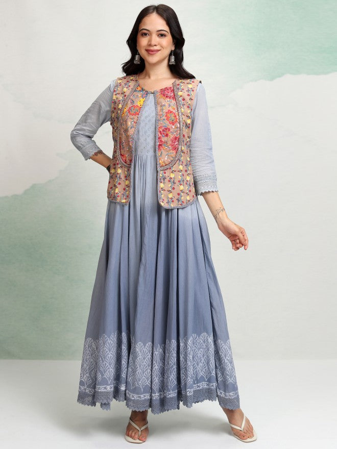 Vishudh women Blue Printed Maxi Dress - Blue - Image 4
