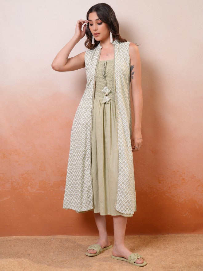 Vishudh Women Green Printed A-Line Dress - Green - Image 1
