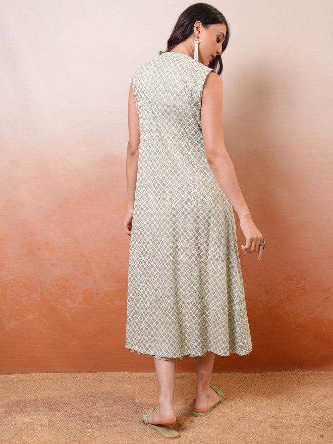 Vishudh Women Green Printed A-Line Dress - Green - Image 3