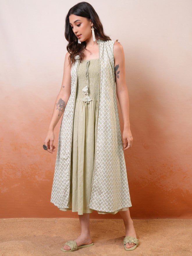 Vishudh Women Green Printed A-Line Dress - Green - Image 4
