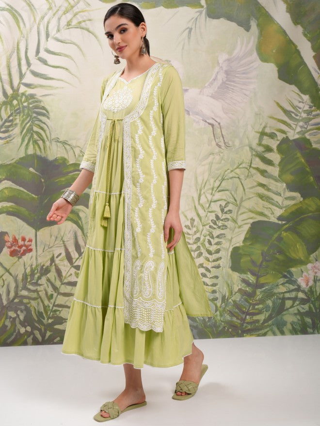 Vishudh Women Green Embroidered Maxi Dress - Green - Image 4