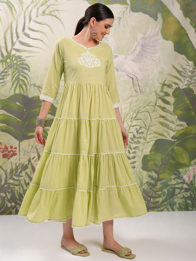 Vishudh Women Green Embroidered Maxi Dress - Green - Image 6