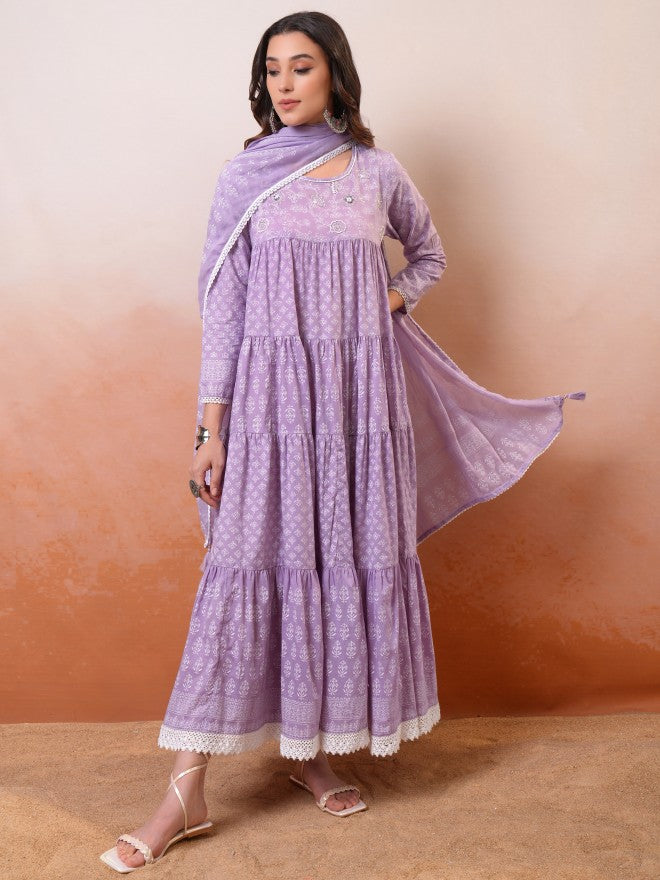Vishudh Women Lavender Embroidered Drop-Waist Dress - Lavender - Image 1