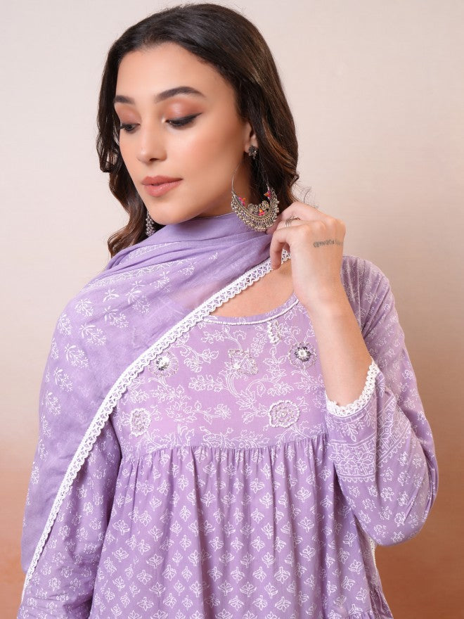 Vishudh Women Lavender Embroidered Drop-Waist Dress - Lavender - Image 2
