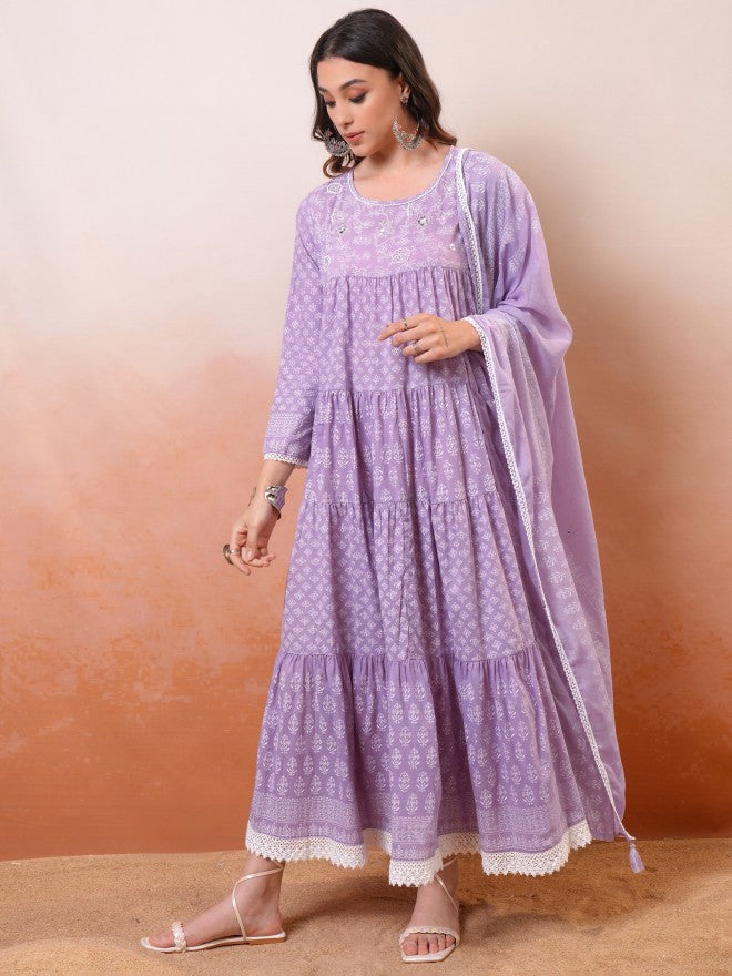 Vishudh Women Lavender Embroidered Drop-Waist Dress - Lavender - Image 4