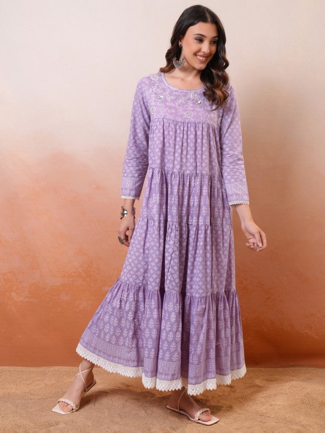Vishudh Women Lavender Embroidered Drop-Waist Dress - Lavender - Image 6
