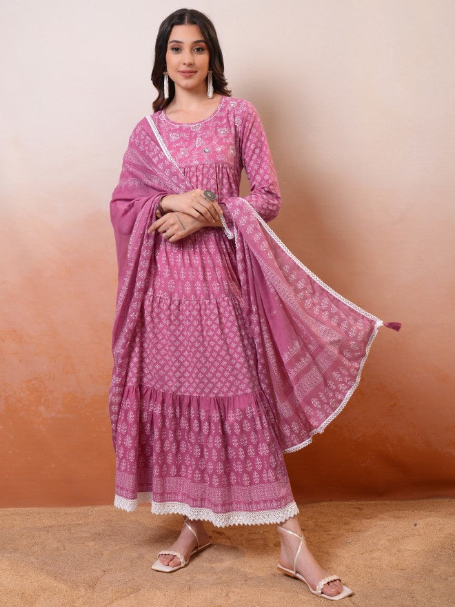 Vishudh women Mauve Embroidered Drop-Waist Dress - Mauve - Image 1