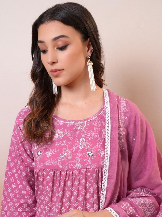 Vishudh women Mauve Embroidered Drop-Waist Dress - Mauve - Image 2