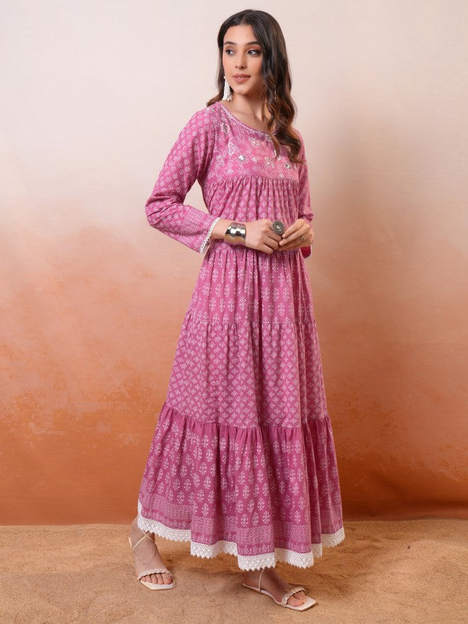 Vishudh women Mauve Embroidered Drop-Waist Dress - Mauve - Image 6