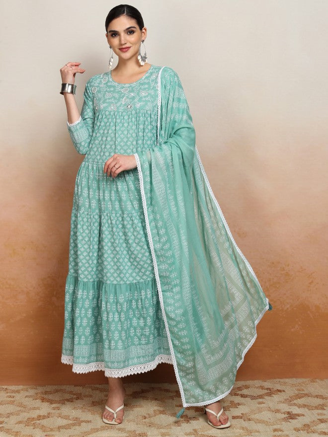 Vishudh women Green Embroidered Drop-Waist Dress - Green - Image 1