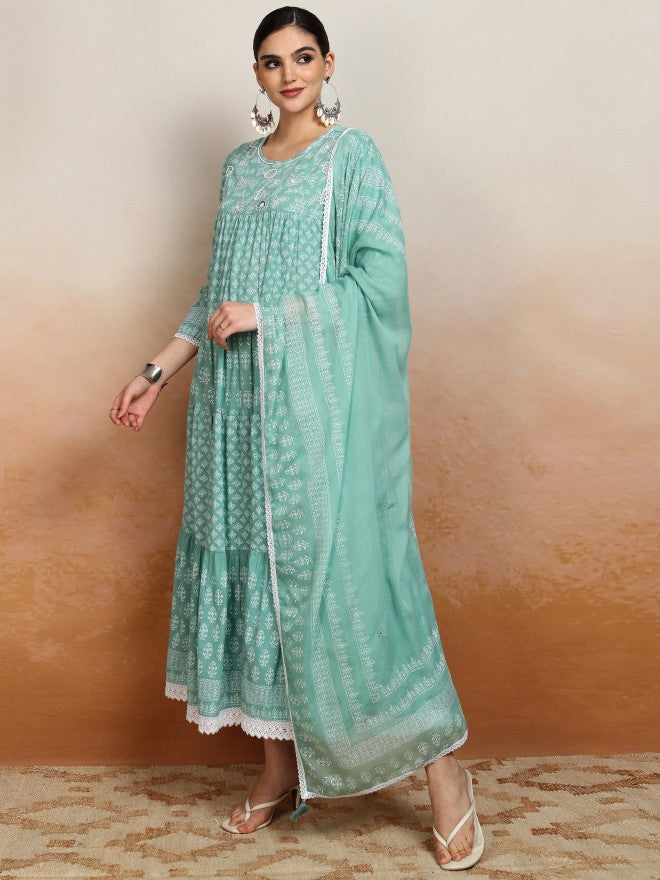 Vishudh women Green Embroidered Drop-Waist Dress - Green - Image 4