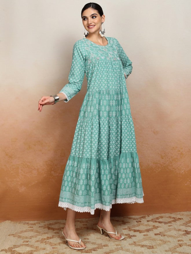 Vishudh women Green Embroidered Drop-Waist Dress - Green - Image 6