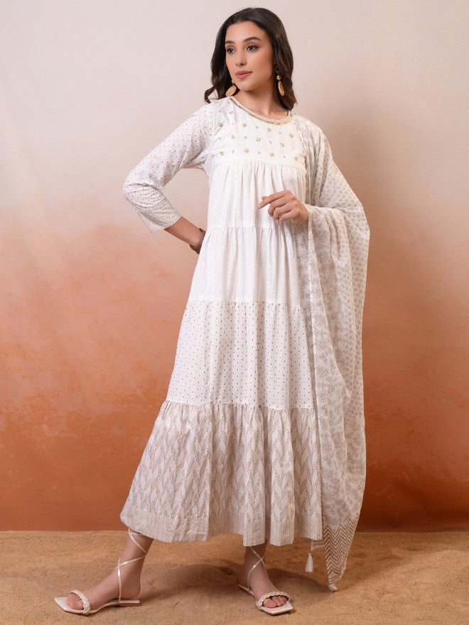 Vishudh women White Embroidered Drop-Waist Dress - White - Image 1