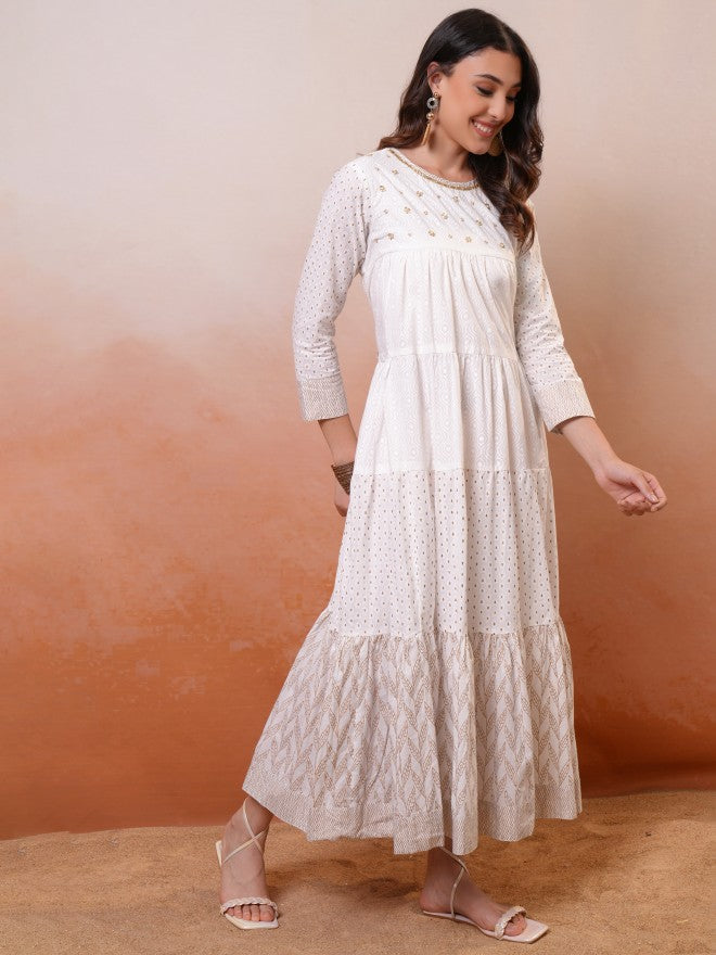 Vishudh women White Embroidered Drop-Waist Dress - White - Image 6