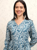 Vishudh women Blue Printed Drop-Waist Dress - Blue - Image 1