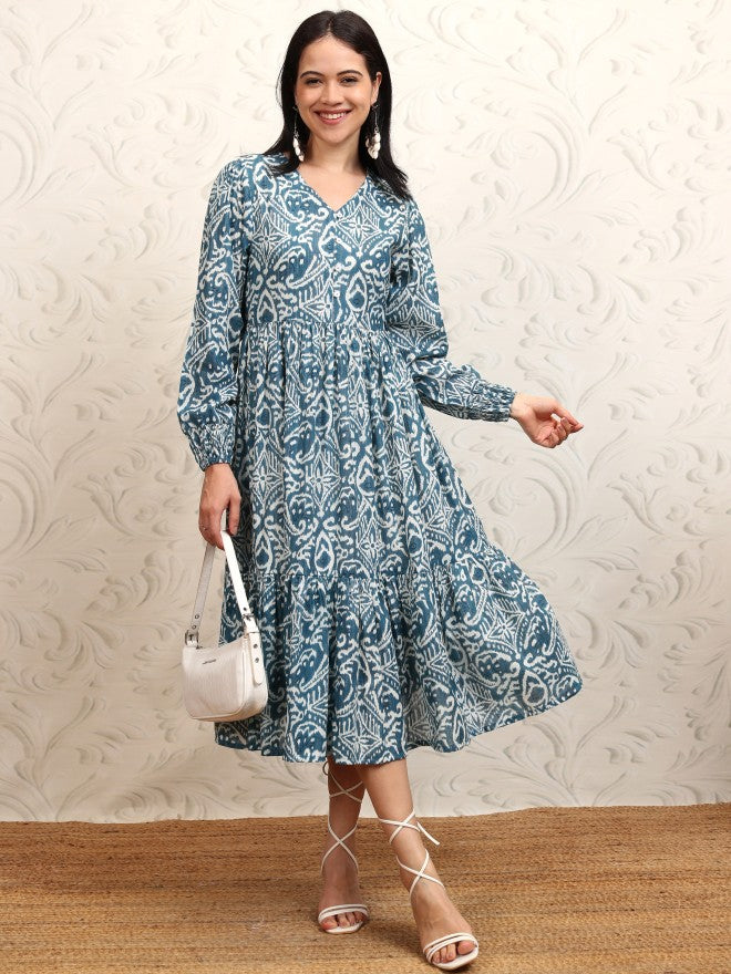 Vishudh women Blue Printed Drop-Waist Dress - Blue - Image 2