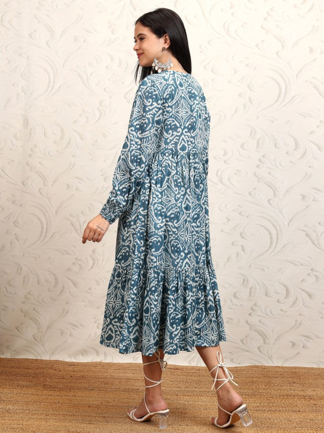 Vishudh women Blue Printed Drop-Waist Dress - Blue - Image 3