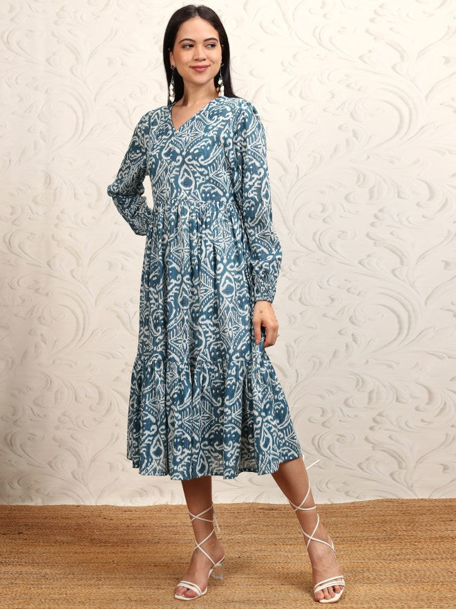 Vishudh women Blue Printed Drop-Waist Dress - Blue - Image 4