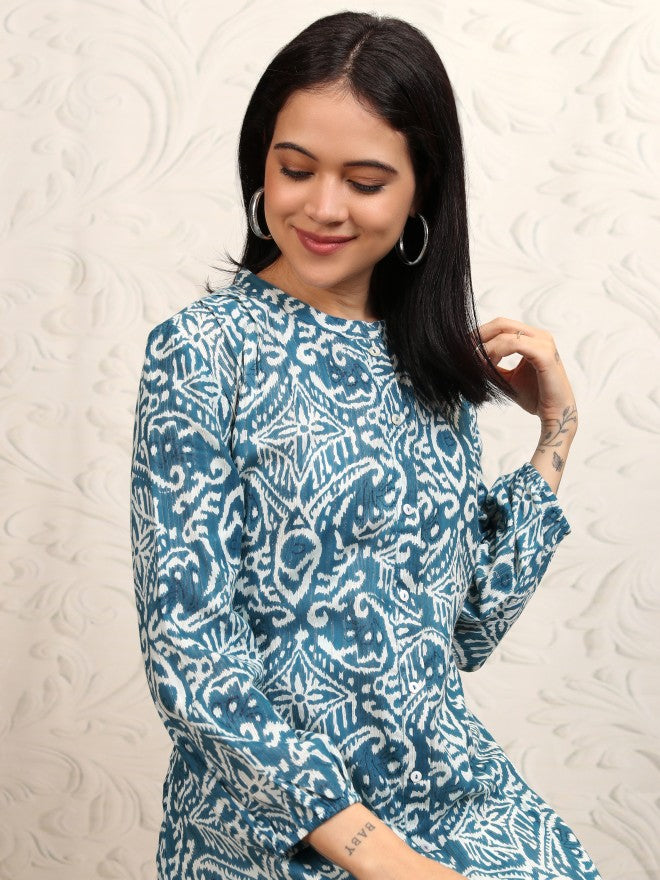 Vishudh women Blue Printed Drop-Waist Dress - Blue - Image 1