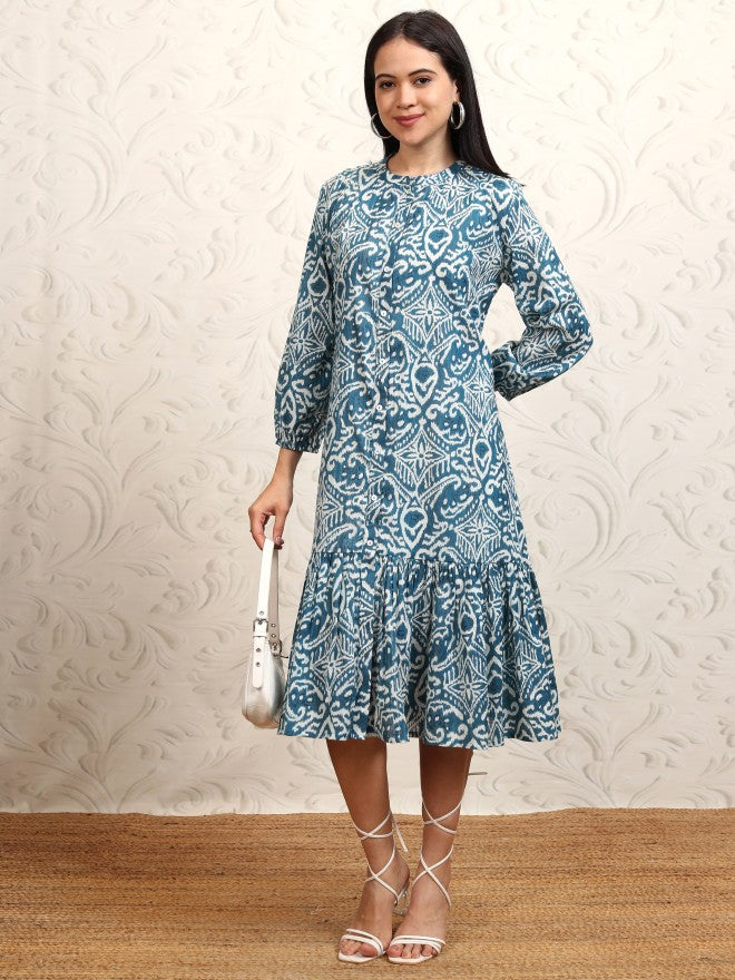 Vishudh women Blue Printed Drop-Waist Dress - Blue - Image 2