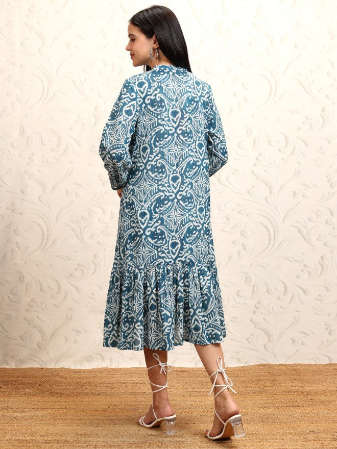Vishudh women Blue Printed Drop-Waist Dress - Blue - Image 3