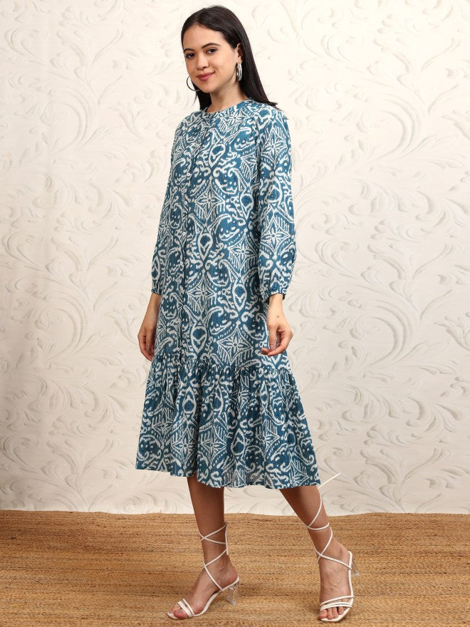 Vishudh women Blue Printed Drop-Waist Dress - Blue - Image 4