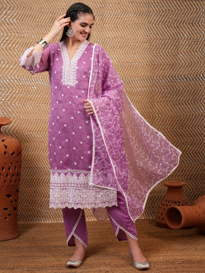 Vishudh Women Purple Embroidered Kurta With Trouser And Dupatta - Purple - Image 1