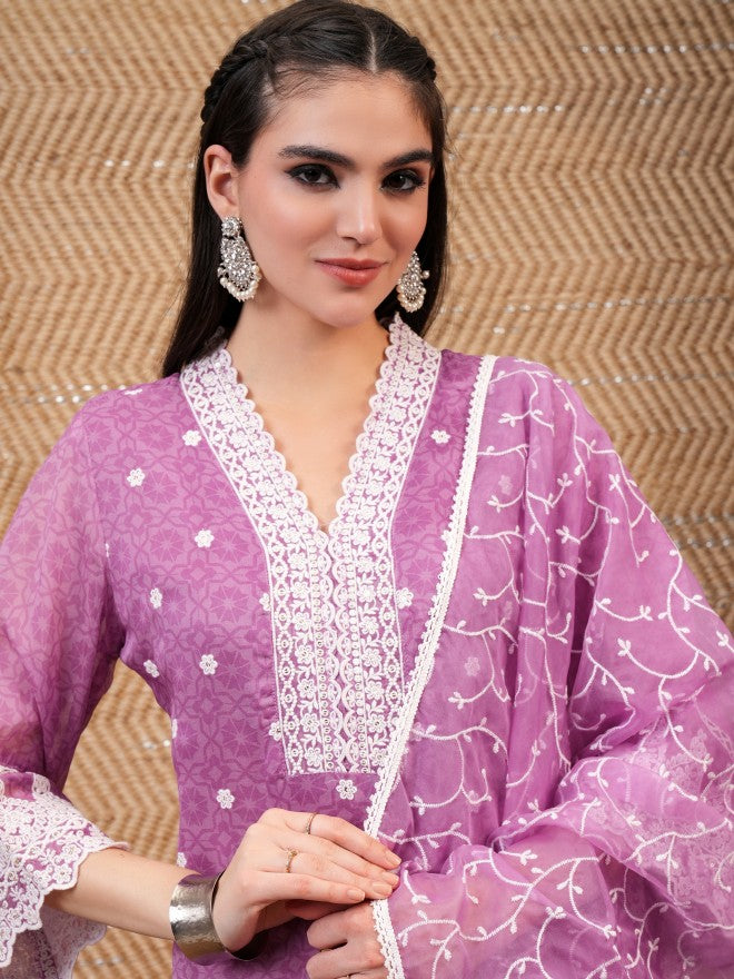 Vishudh Women Purple Embroidered Kurta With Trouser And Dupatta - Purple - Image 2