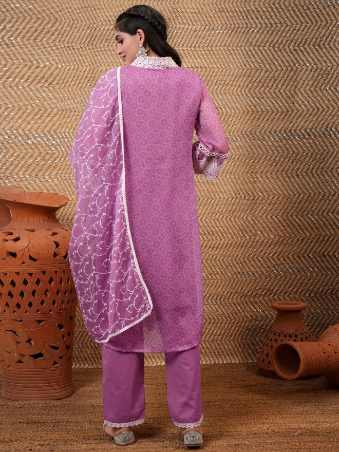 Vishudh Women Purple Embroidered Kurta With Trouser And Dupatta - Purple - Image 3