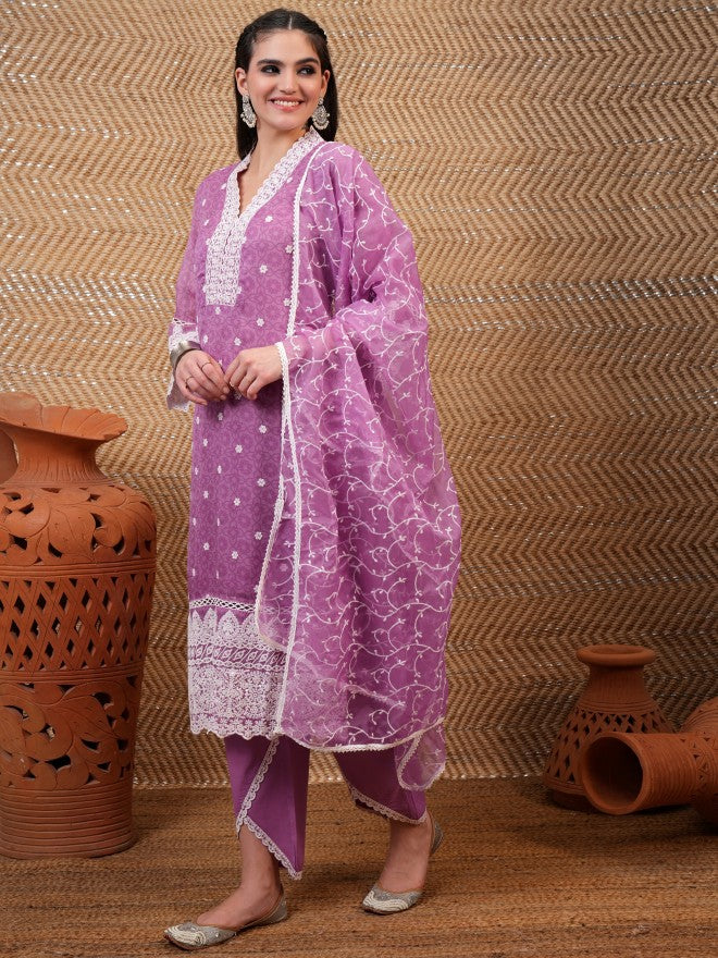 Vishudh Women Purple Embroidered Kurta With Trouser And Dupatta - Purple - Image 4