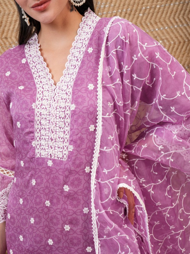 Vishudh Women Purple Embroidered Kurta With Trouser And Dupatta - Purple - Image 5