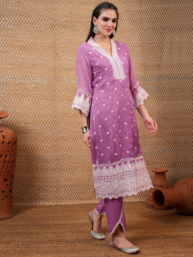 Vishudh Women Purple Embroidered Kurta With Trouser And Dupatta - Purple - Image 6