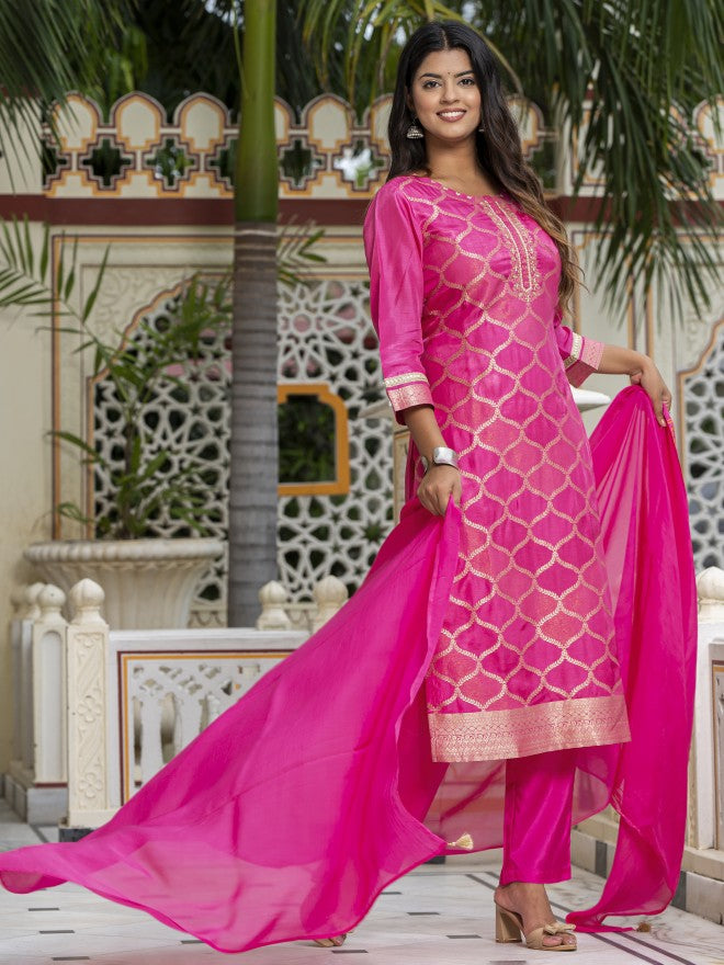 Vishudh Women Pink Embroidered Kurta With Trouser And Dupatta - Pink - Image 1