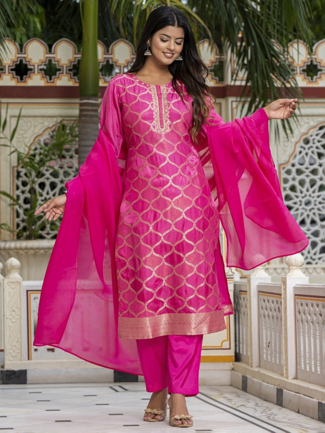 Vishudh Women Pink Embroidered Kurta With Trouser And Dupatta - Pink - Image 2