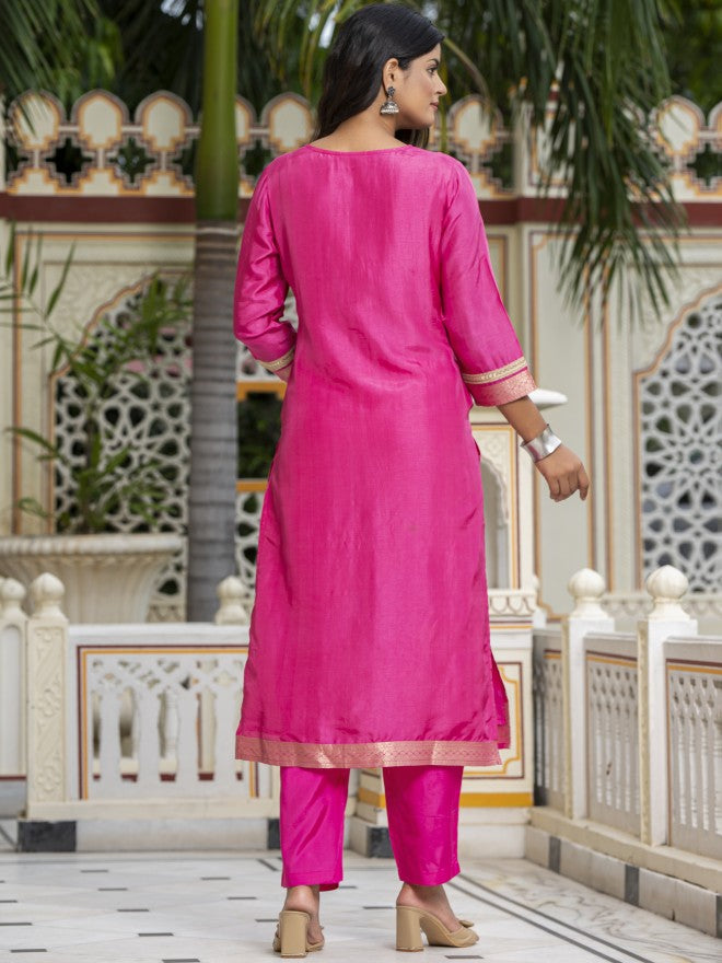 Vishudh Women Pink Embroidered Kurta With Trouser And Dupatta - Pink - Image 3