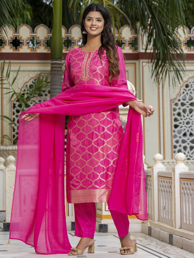 Vishudh Women Pink Embroidered Kurta With Trouser And Dupatta - Pink - Image 4