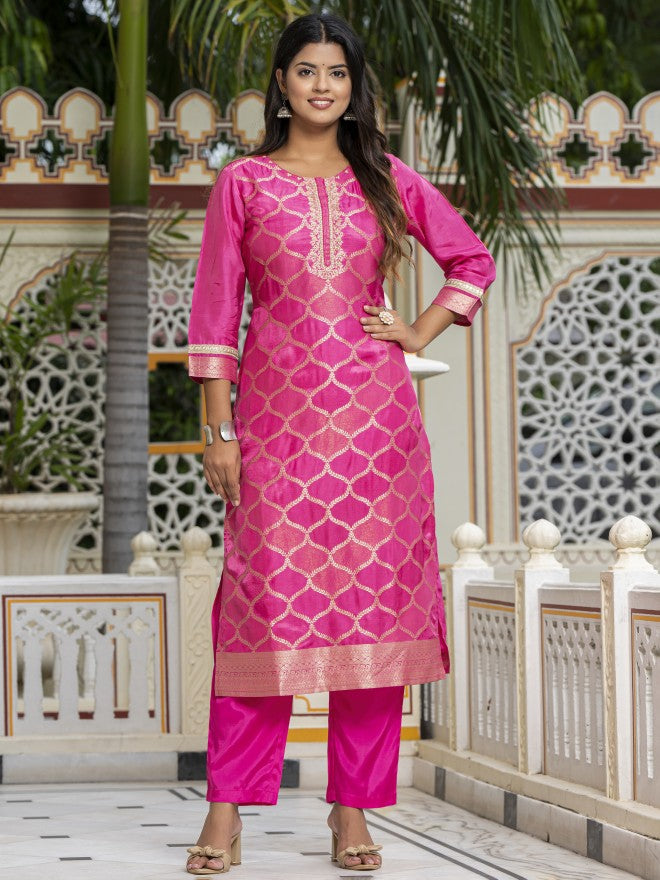 Vishudh Women Pink Embroidered Kurta With Trouser And Dupatta - Pink - Image 6