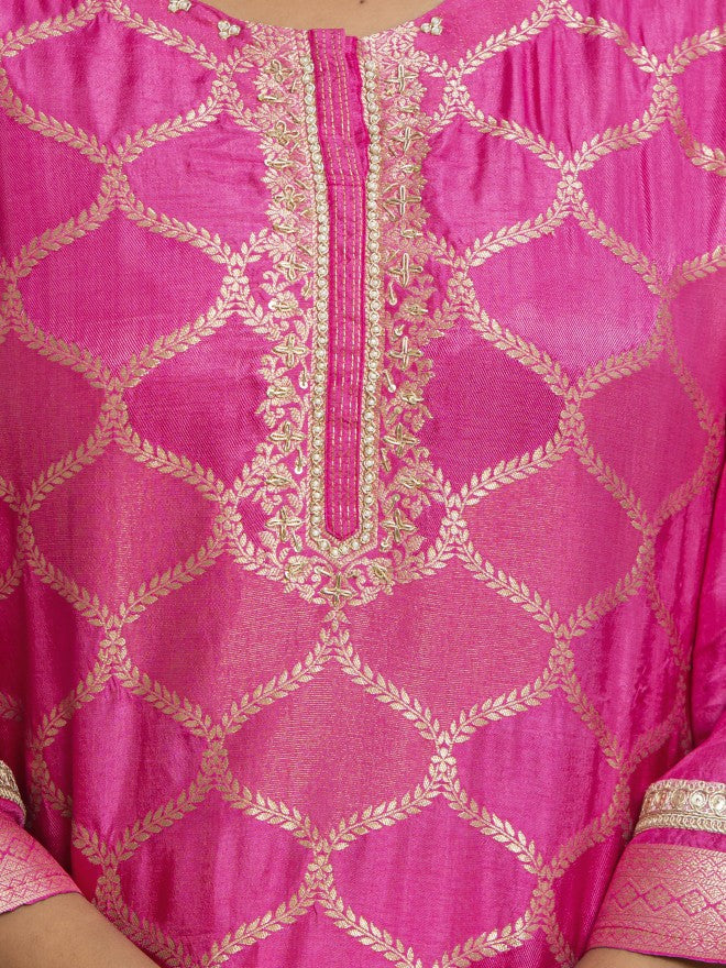 Vishudh Women Pink Embroidered Kurta With Trouser And Dupatta - Pink - Image 7