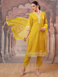 Vishudh Women Mustard Embroidered Kurta With Trousers And Dupatta - Mustard - Image 1