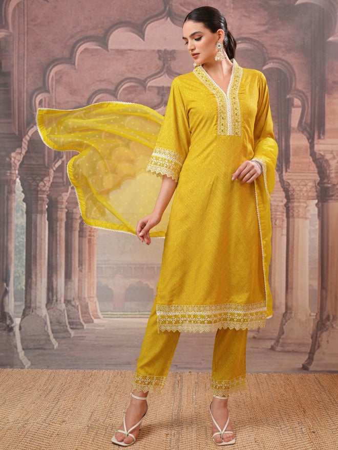 Vishudh Women Mustard Embroidered Kurta With Trousers And Dupatta - Mustard - Image 1