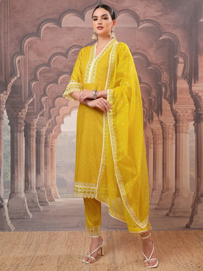 Vishudh Women Mustard Embroidered Kurta With Trousers And Dupatta - Mustard - Image 2