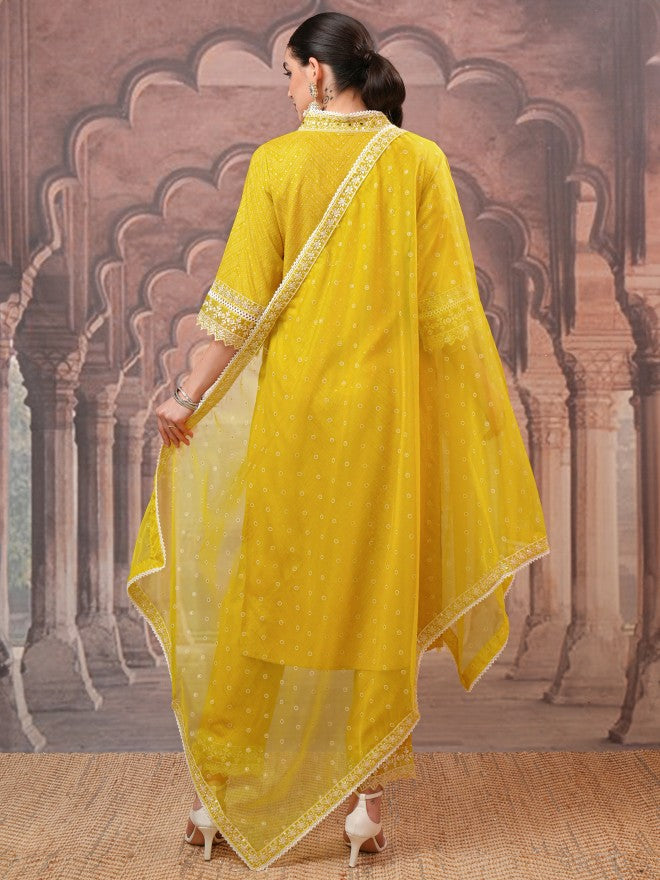 Vishudh Women Mustard Embroidered Kurta With Trousers And Dupatta - Mustard - Image 3