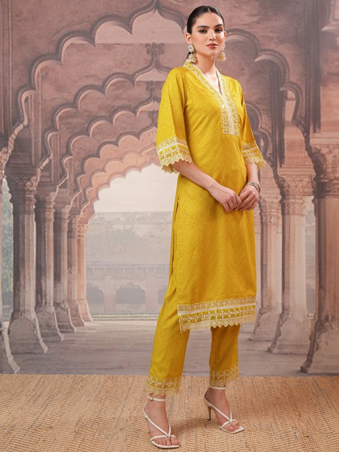 Vishudh Women Mustard Embroidered Kurta With Trousers And Dupatta - Mustard - Image 4