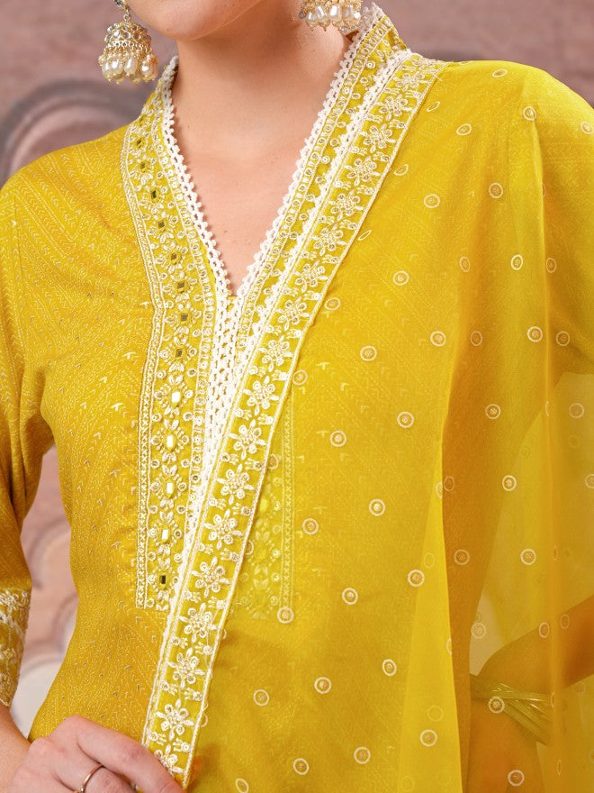 Vishudh Women Mustard Embroidered Kurta With Trousers And Dupatta - Mustard - Image 5