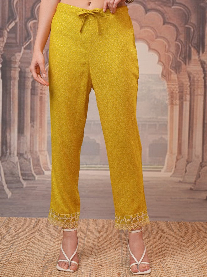 Vishudh Women Mustard Embroidered Kurta With Trousers And Dupatta - Mustard - Image 7