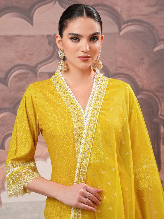 Vishudh Women Mustard Embroidered Kurta With Trousers And Dupatta - Mustard - Image 8