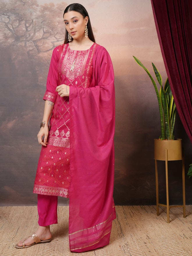 Vishudh Women Pink Printed Kurta With Trouser And Dupatta - Pink - Image 2