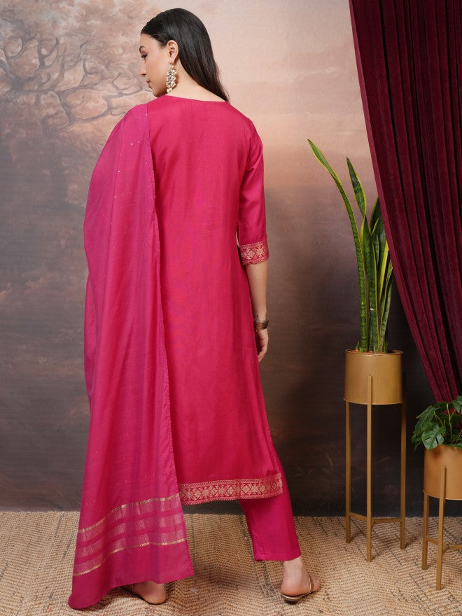 Vishudh Women Pink Printed Kurta With Trouser And Dupatta - Pink - Image 3